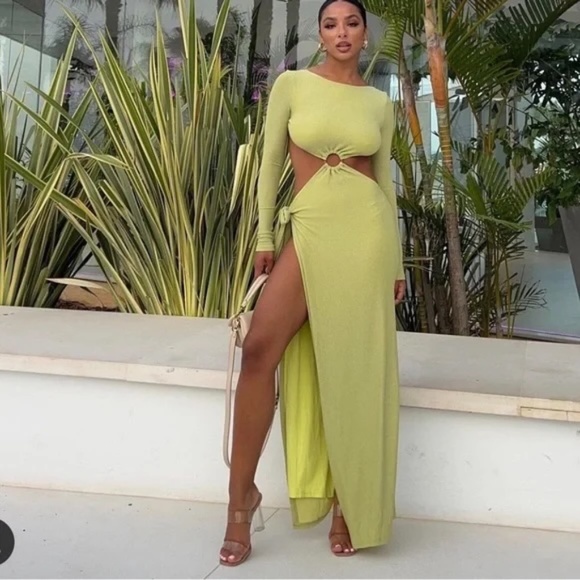 Meshki Christina Backless Wrap Cutout Maxi Dress in Green Shimmer Size Small NWT - Picture 4 of 11